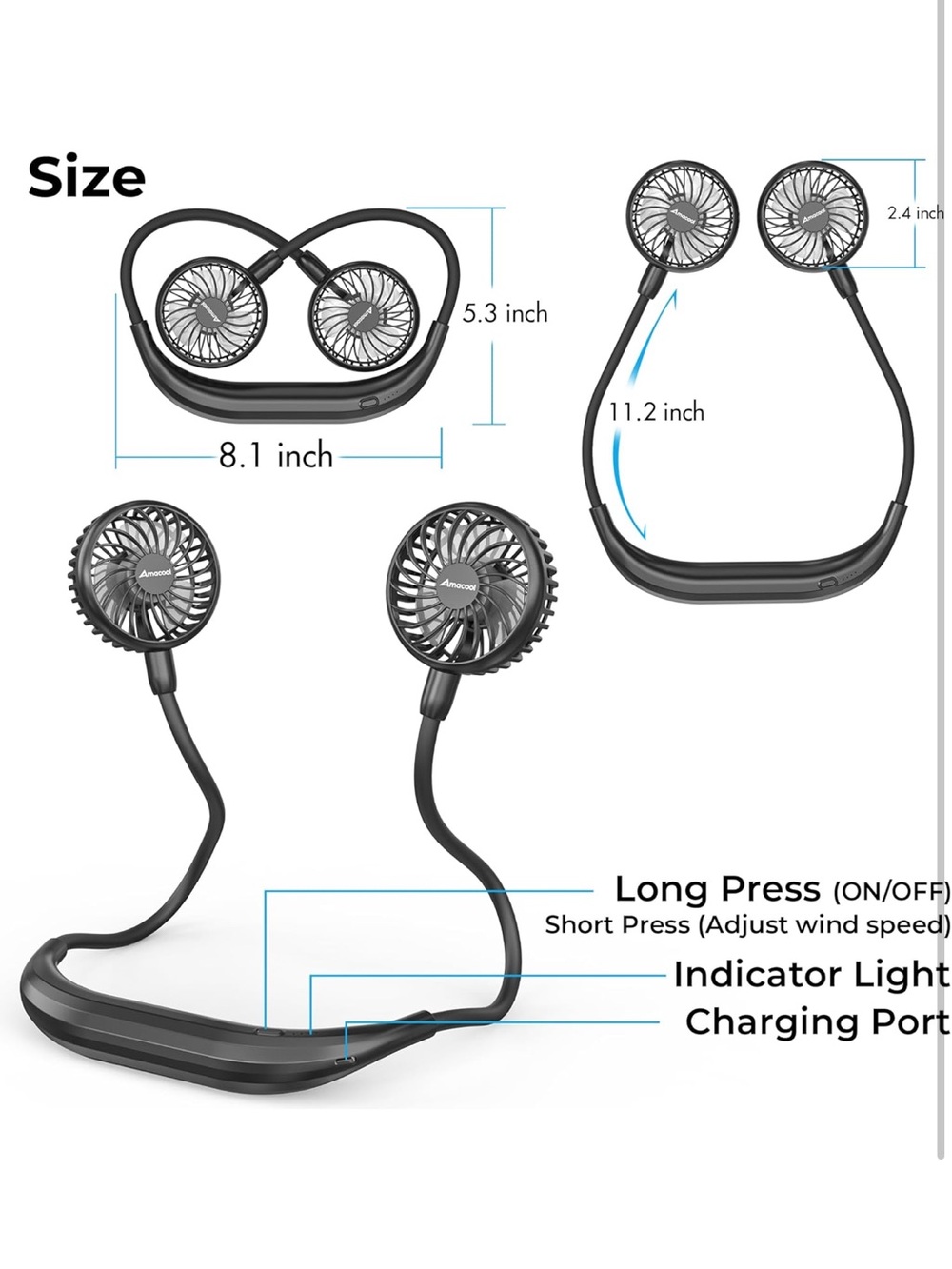 Hanging Neck Fan - Black Portable Hands-Free Cooling NIB retail $25 - Picture 3 of 5